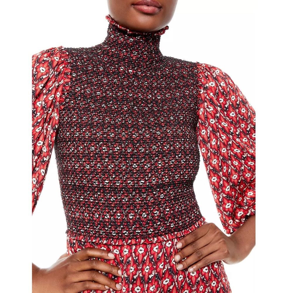 Alice + Olivia Elvira Tiered Long Sleeve Smocked Mini Dress in Red/Black Size 4 - Picture 5 of 16